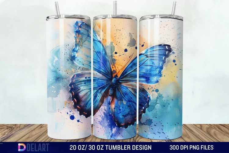 3D Blue Butterfly Watercolor Tumbler Wrap