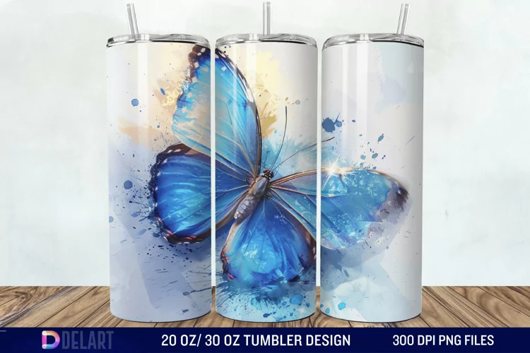 3D Blue Butterfly Watercolor Tumbler Wrap