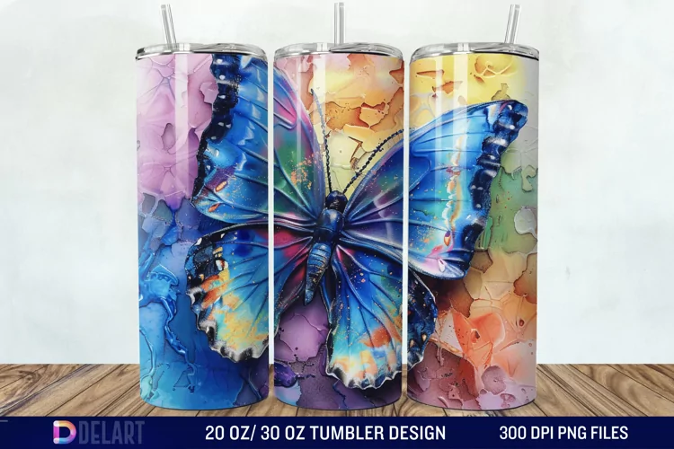3D Blue Butterfly Watercolor Tumbler Wrap