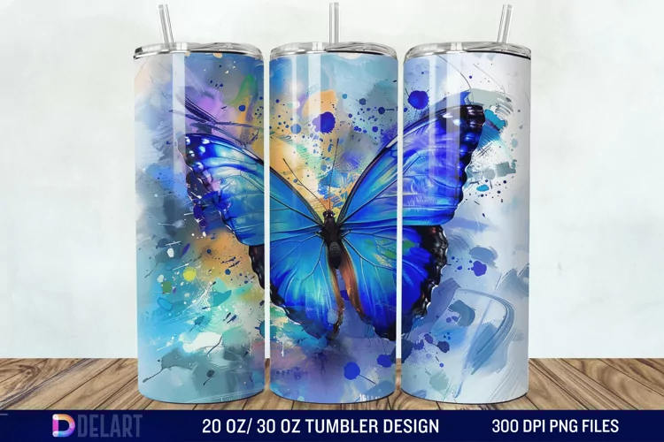 3D Blue Butterfly Watercolor Tumbler Wrap