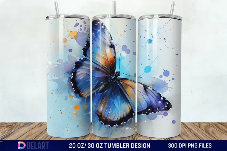 3D Blue Butterfly Watercolor Tumbler Wrap