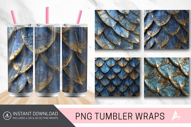3D Blue Gold Dragon Scales Tumbler wrap example image 1