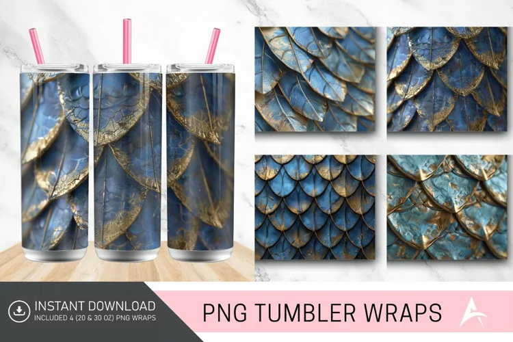 3D Blue Gold Dragon Scales Tumbler wrap