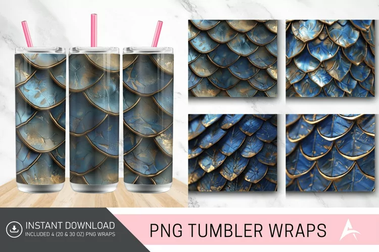 3D Blue Gold Dragon Scales Tumbler wrap