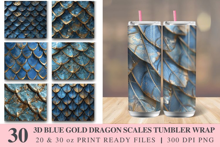 3D Blue Gold Dragon Scales Tumbler wrap Bundle