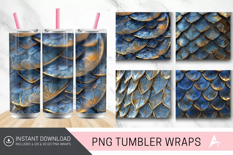 3D Blue Gold Dragon Scales Tumbler wrap