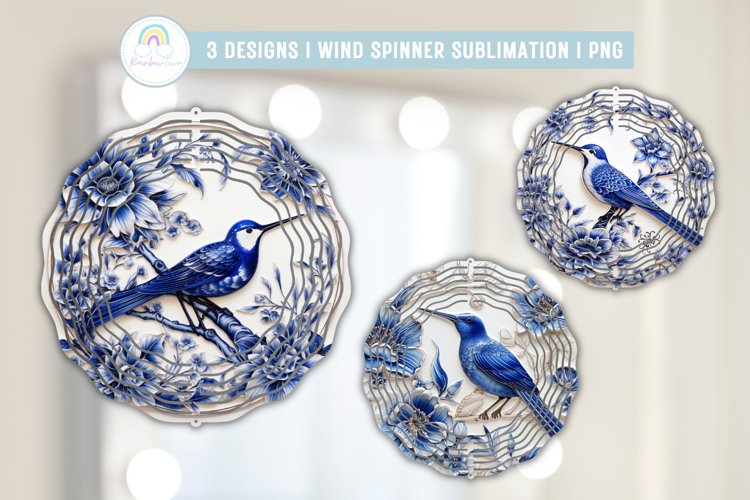 White and Blue Hummingbird Wind Spinner Sublimation example image 1