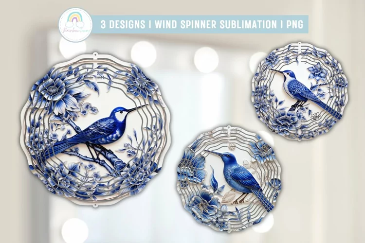 White and Blue Hummingbird Wind Spinner Sublimation
