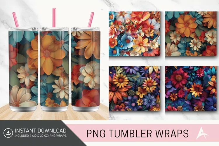 3D Boho Flowers Bohemian Tumbler wrap