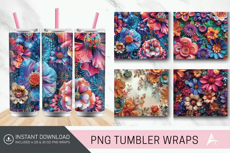 3D Boho Flowers Bohemian Tumbler wrap