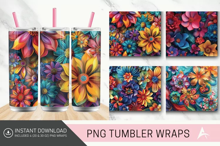 3D Boho Flowers Bohemian Tumbler wrap