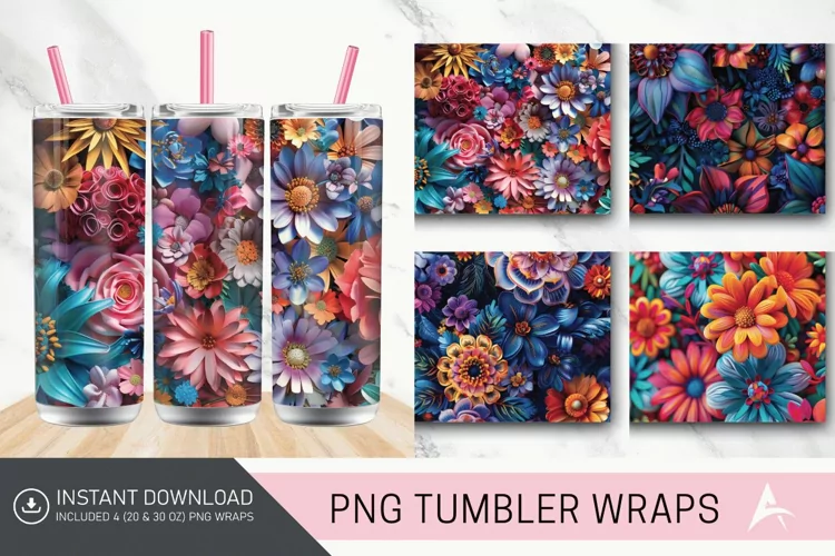 3D Boho Flowers Bohemian Tumbler wrap