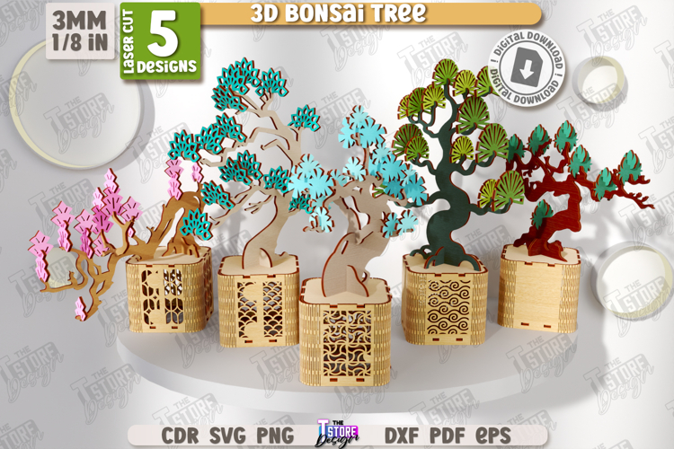 3D Bonsai Tree Laser Cut, 3D Model Mini Tree, Shelf Sitter