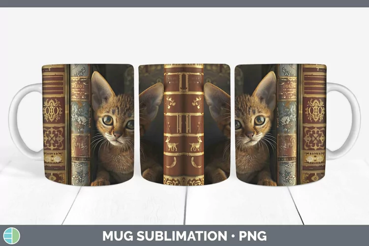3D Books Abyssinian Cat Mug Wrap Sublimation Coffee Cup Desi