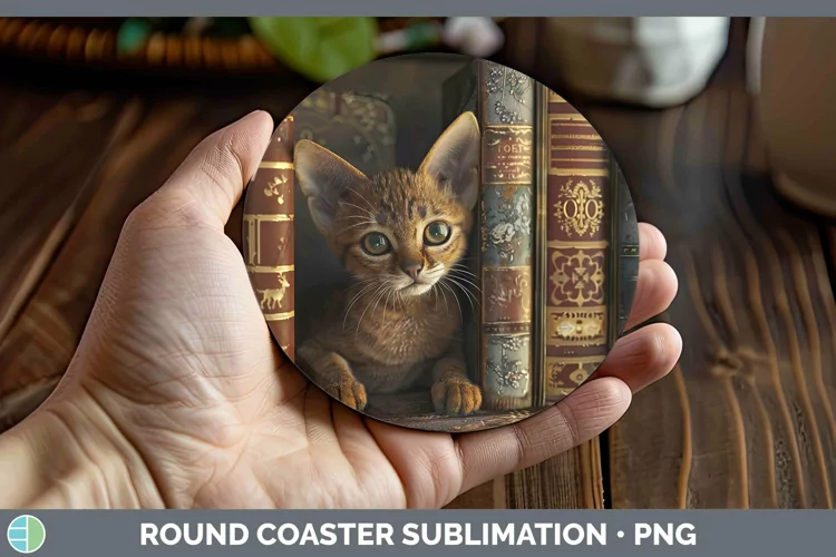 3D Books Abyssinian Cat Round Coaster Sublimation Coaster De