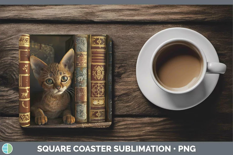 3D Books Abyssinian Cat Square Coaster Sublimation Coaster D