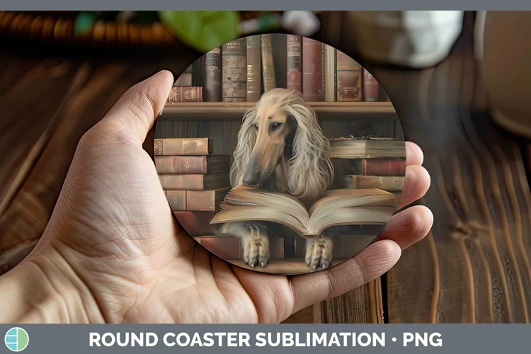 3D Books Afghan Hound Dog Round Coaster Sublimation Coaster