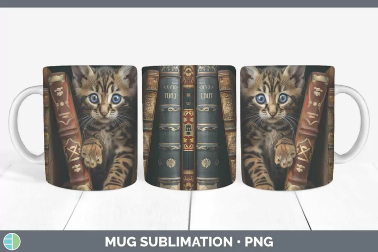 3D Books Bengal Cat Mug Wrap Sublimation Coffee Cup Designs