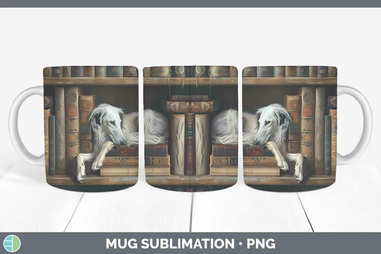 3D Books Borzoi Dog Mug Wrap Sublimation Coffee Cup Designs