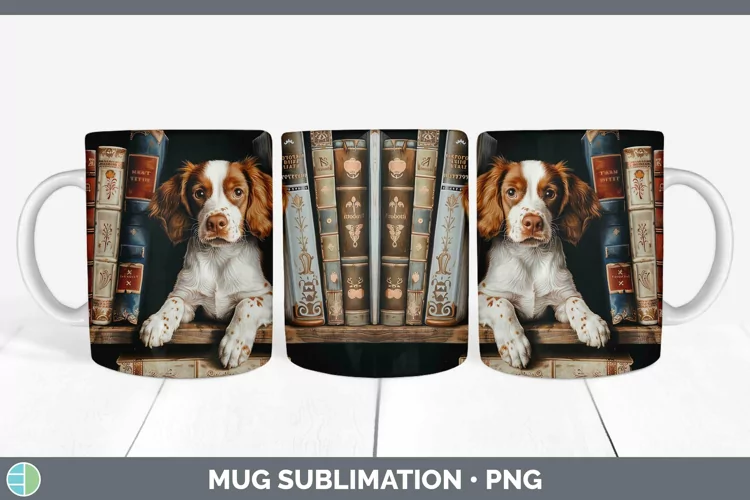 3D Books Brittany Dog Mug Wrap Sublimation Coffee Cup Design