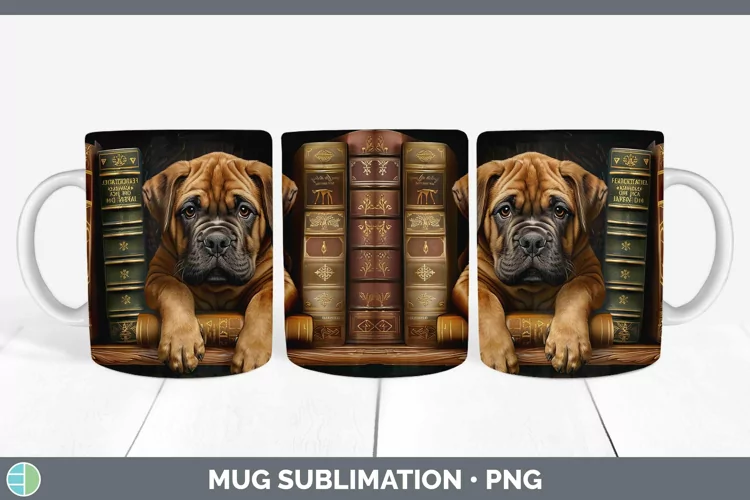 3D Books Bullmastiff Dog Mug Wrap Sublimation Coffee Cup Des