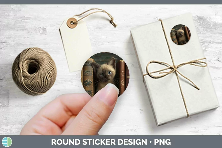 3D Books Burmese Cat Stickers | Round Labels Designs