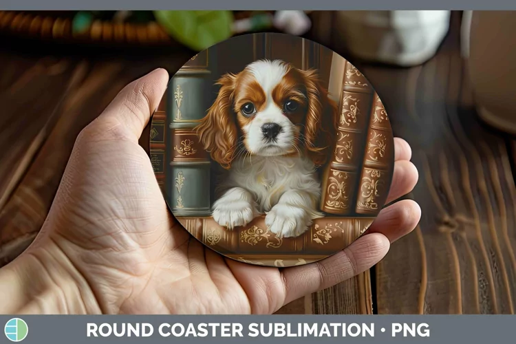 3D Books Cavalier King Charles Spaniel Dog Round Coaster Sub