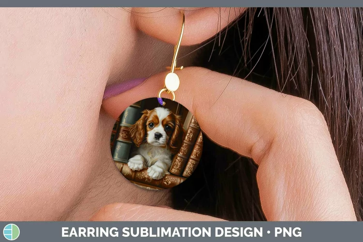 3D Books Cavalier King Charles Spaniel Dog Round Earrings Su