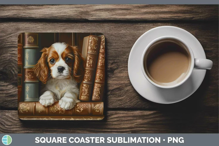 3D Books Cavalier King Charles Spaniel Dog Square Coaster Su
