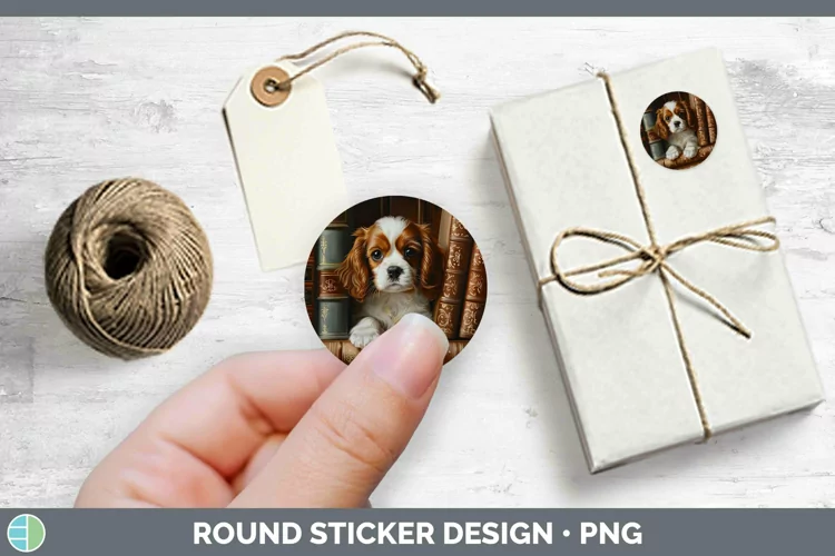 3D Books Cavalier King Charles Spaniel Dog Stickers | Round