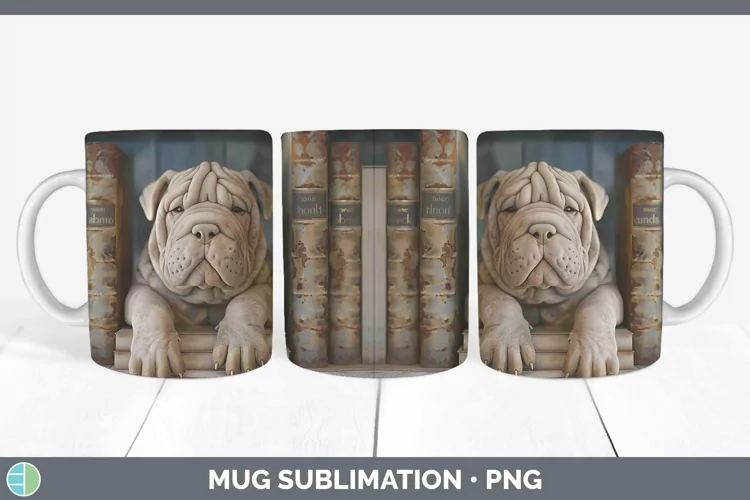 3D Books Chinese Shar-Pei Dog Mug Wrap Sublimation Coffee Cu