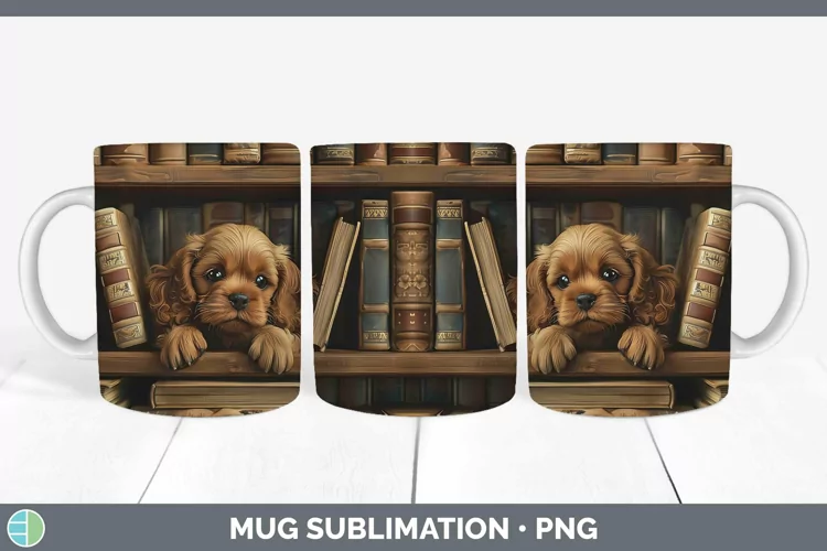 3D Books Cocker Spaniel Dog Mug Wrap Sublimation Coffee Cup