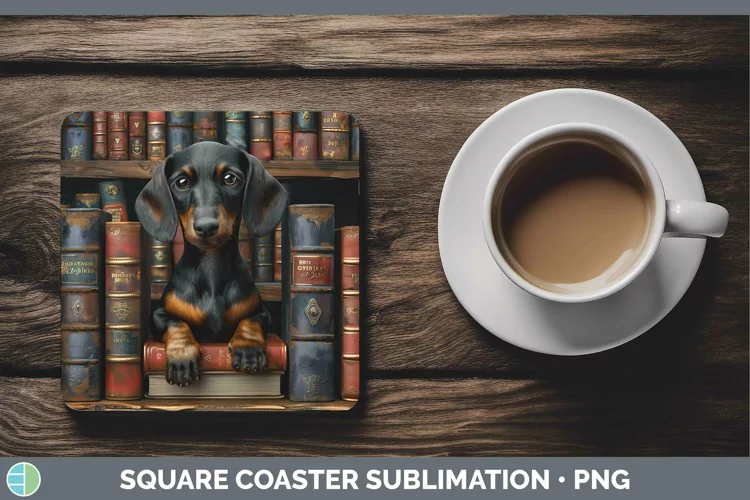 3D Books Dachshund Dog Square Coaster Sublimation Coaster De