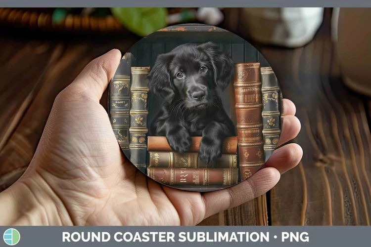 3D Books Flat-Coated Retriever Dog Round Coaster Sublimation