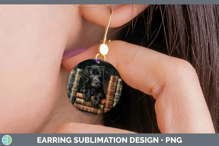 3D Books Flat-Coated Retriever Dog Round Earrings Sublimatio