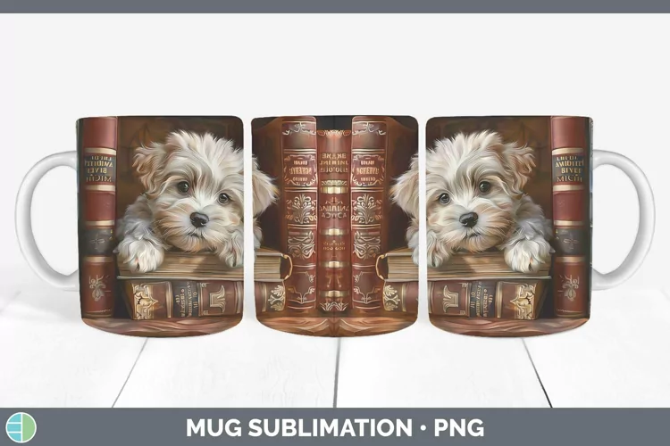 3D Books Havanese Dog Mug Wrap Sublimation Coffee Cup Design