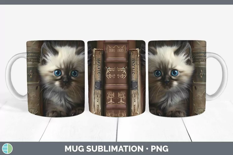 3D Books Himalayan Cat Mug Wrap Sublimation Coffee Cup Desig