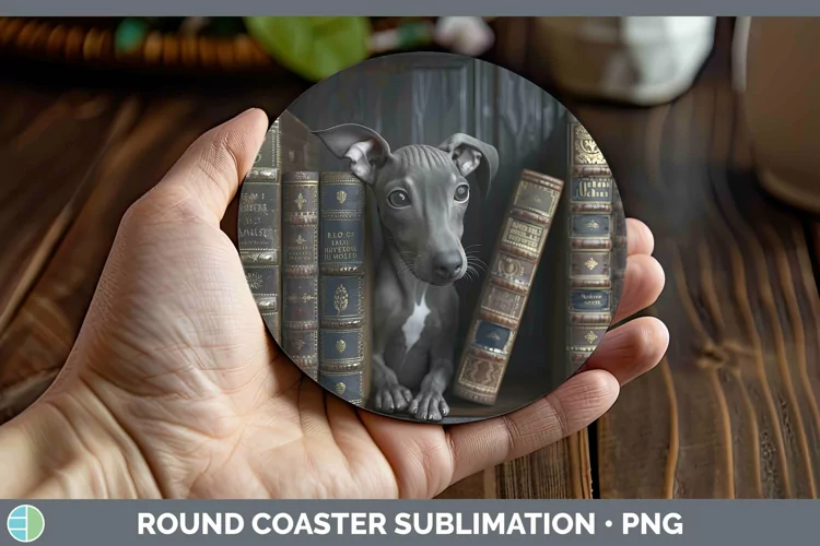 3D Books Italian Greyhound Dog Round Coaster Sublimation Coa
