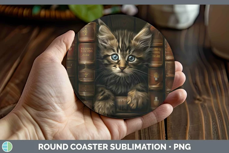 3D Books Maine Coon Cat Round Coaster Sublimation Coaster De