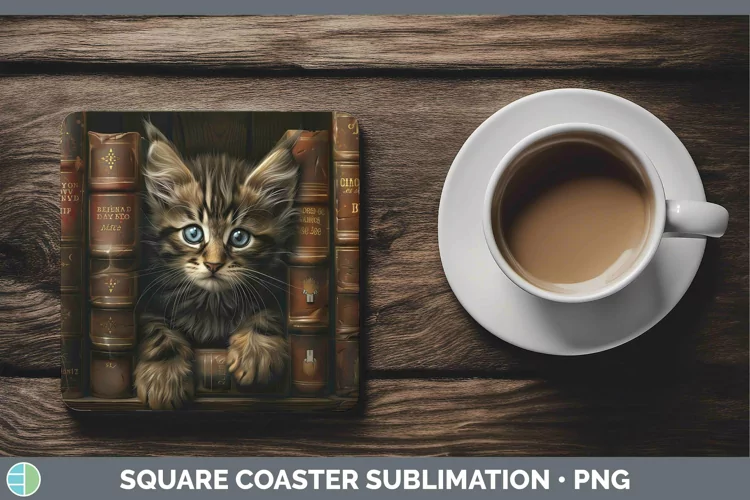 3D Books Maine Coon Cat Square Coaster Sublimation Coaster D
