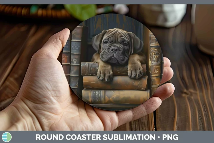 3D Books Mastiff Dog Round Coaster Sublimation Coaster Desig