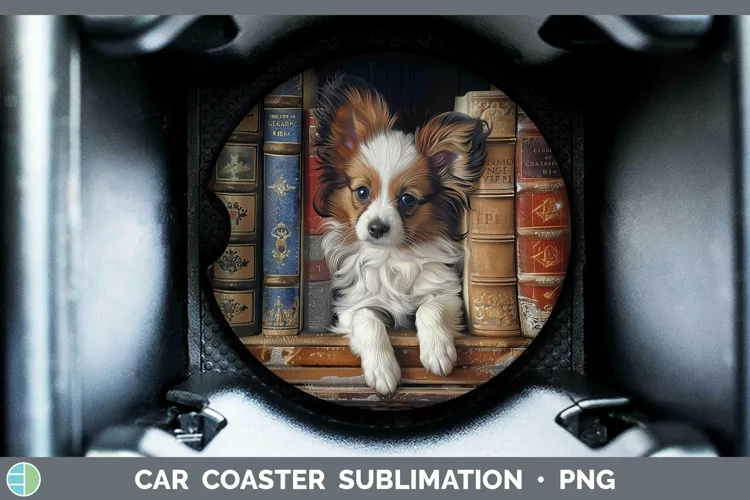 3D Books Papillon Dog Car Coaster Sublimation Coaster Design