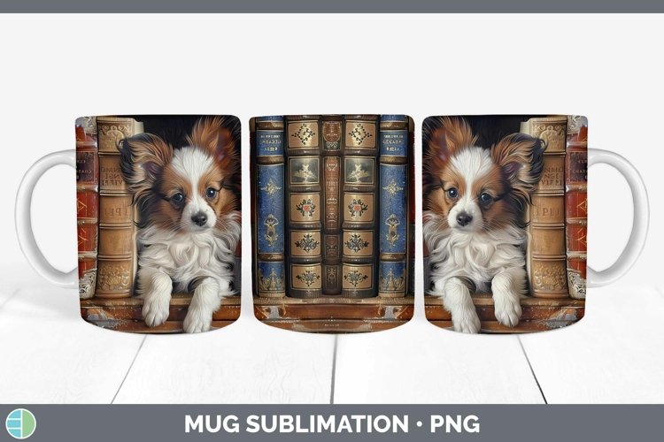 3D Books Papillon Dog Mug Wrap Sublimation Coffee Cup Design