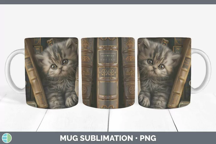 3D Books Persian Cat Mug Wrap Sublimation Coffee Cup Designs