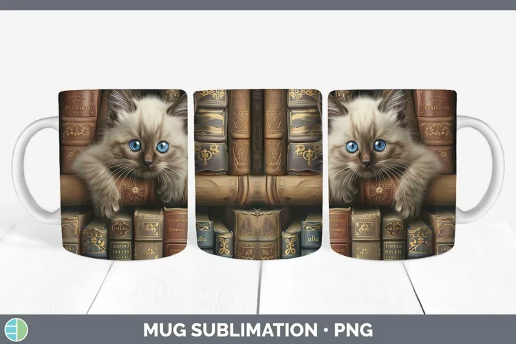 3D Books Ragdoll Cat Mug Wrap Sublimation Coffee Cup Designs