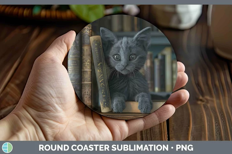 3D Books Russian Blue Cat Round Coaster Sublimation Coaster