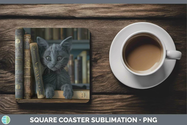 3D Books Russian Blue Cat Square Coaster Sublimation Coaster