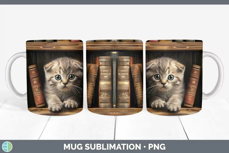 3D Books Scottish Fold Cat Mug Wrap Sublimation Coffee Cup D