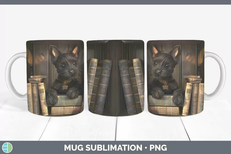 3D Books Scottish Terrier Dog Mug Wrap Sublimation Coffee Cu