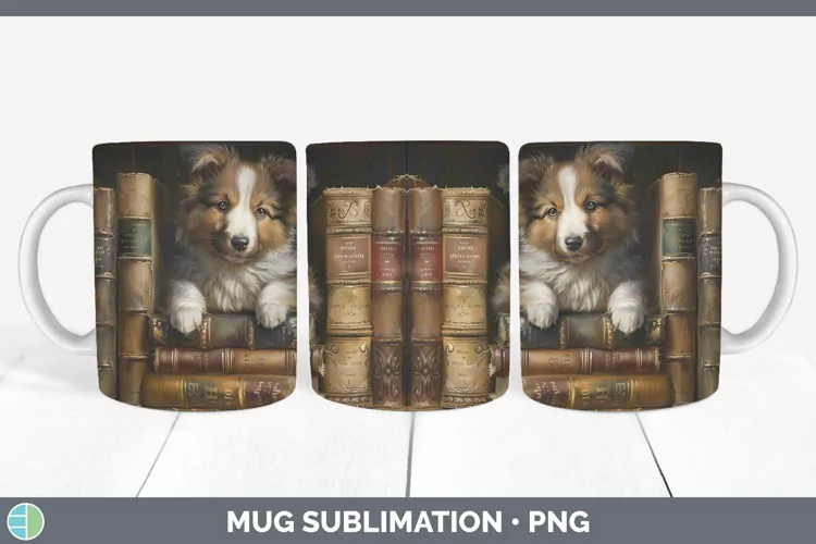 3D Books Shetland Sheepdog Dog Mug Wrap Sublimation Coffee C
